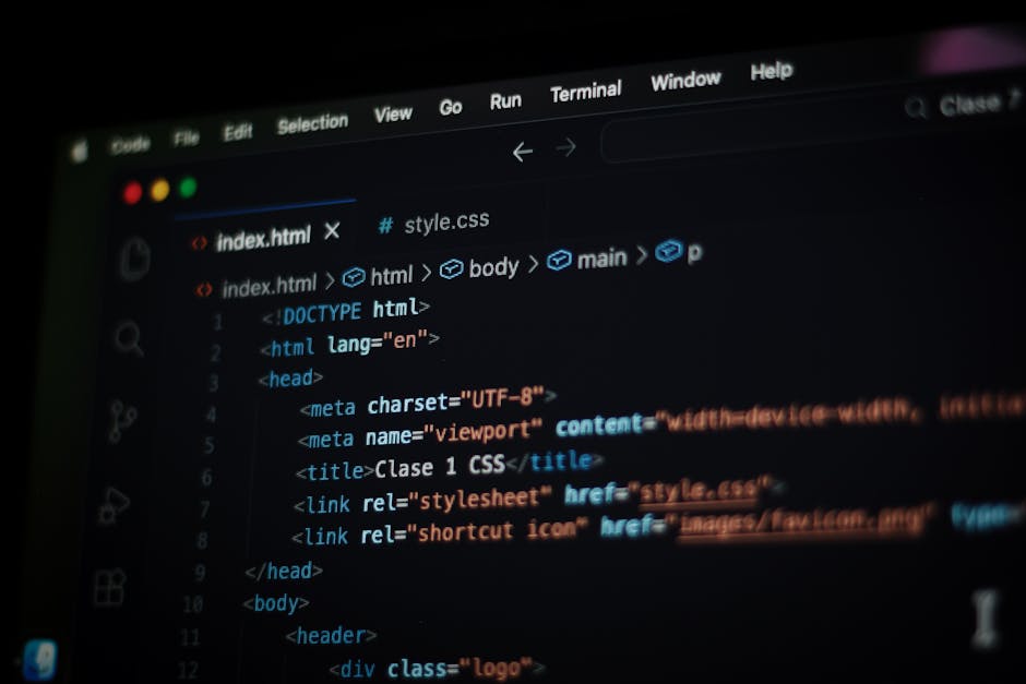 A computer screen displaying a text editor with lines of HTML code. The code includes tags such as <html>, <head>, <title>, and <body>, with some attributes like charset and viewport. The interface sh